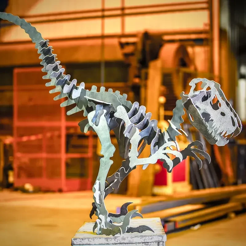 Freestanding interlocking plate-steel theropod dinosaur skeleton