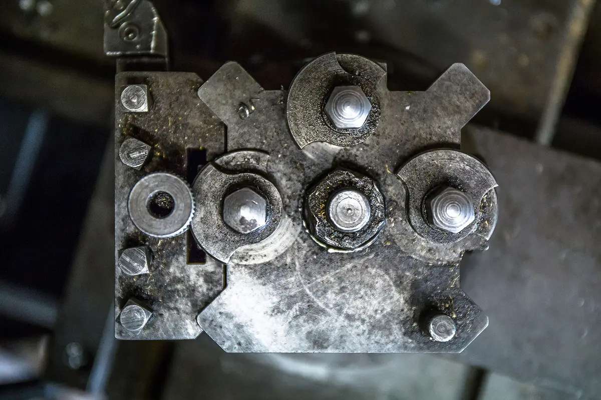Close view of a fabricated workshop jig and rollers